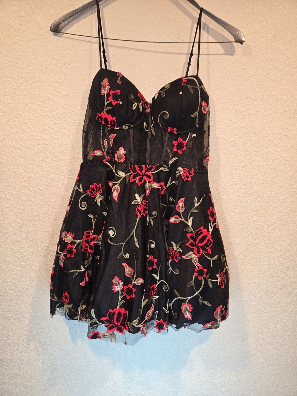 B.Darlin Size 5/6 Black Mini Dress with Red Floral Embroidery See Through Middle